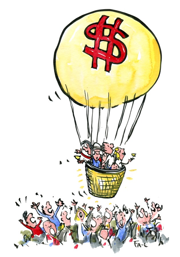 Illustration of a golden air balloon with a few very rich people, flying high over the craving crowd