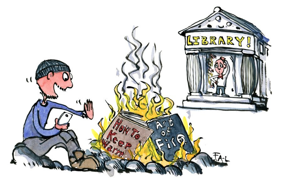 Drawing of a man burning books about how to make fire, to keep warm, while a man in a library looks on from a distance