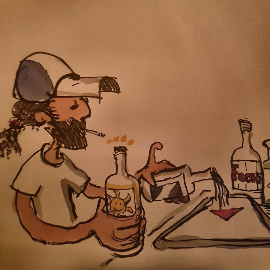 Drawing of a man mixing light, shadows and focus