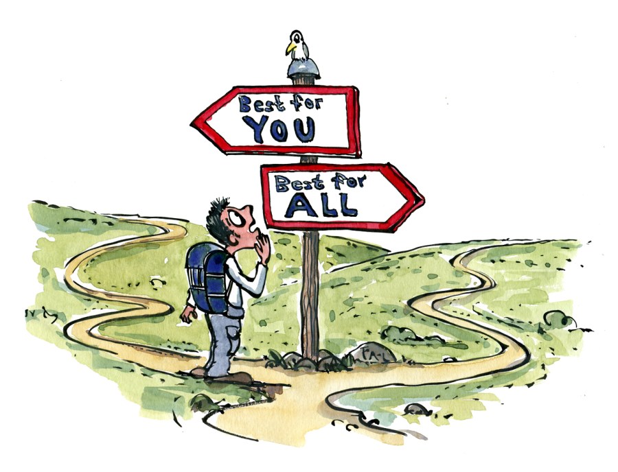 Drawing of a hiker between two signs saying the best for you and the best for all