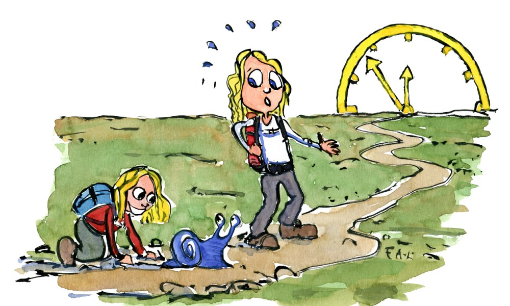 Drawing of a kid looking at a blue snail on the trail, with a clock at the end of the trail and a woman looking hurried