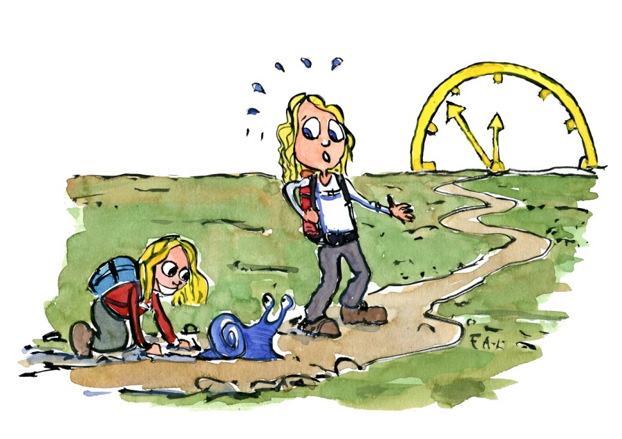 Drawing of a kid looking at a blue snail on the trail, with a clock at the end of the trail and a woman looking hurried