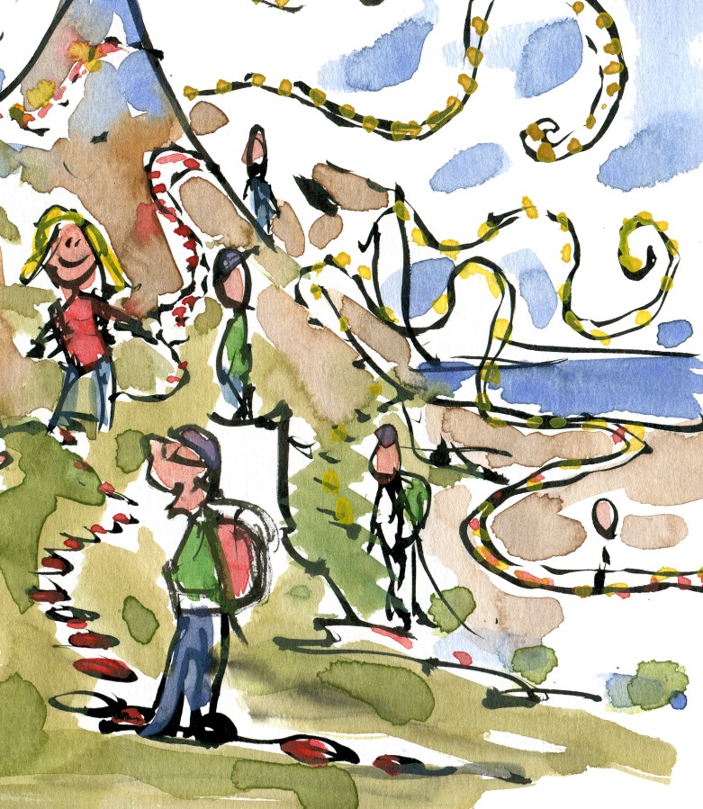 Drawing of hikers standing on trails in a landscape, drawing by Frits Ahlefeldt