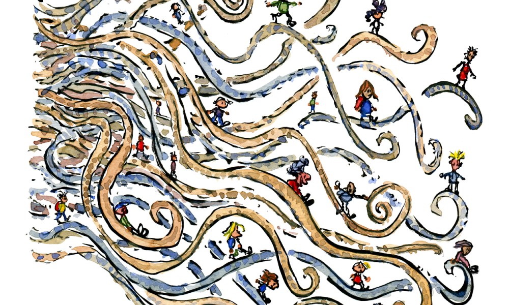 Drawing of people walking along different stories, drawing by Frits Ahlefeldt