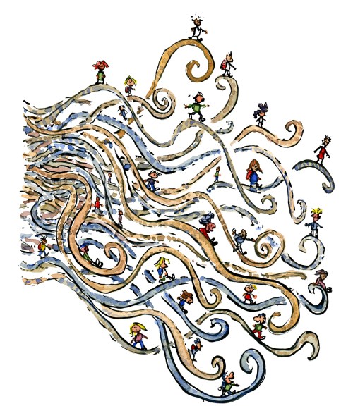 Drawing of people walking along different stories, drawing by Frits Ahlefeldt