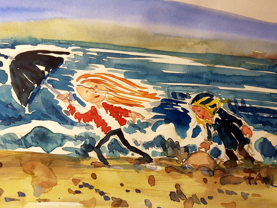 Watercolor of two girls on a beach, one with an umbrella the other looking at stones