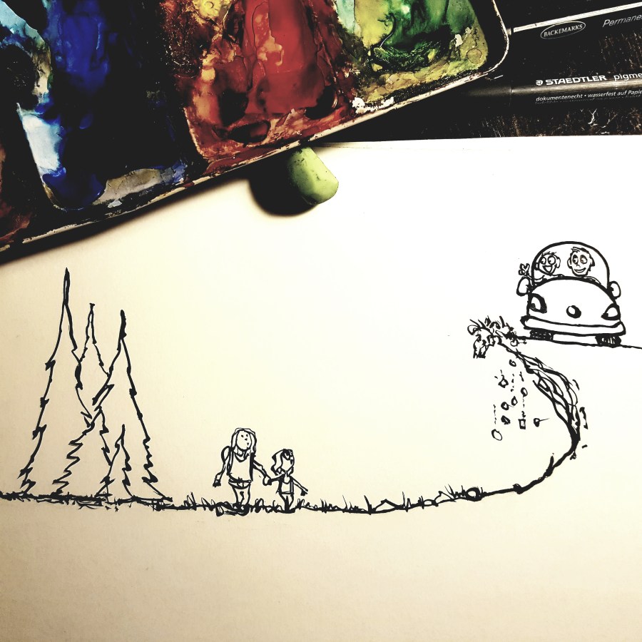 drawing of a mother and daughter walking while a car drives past with two person in it. illustration by Frits Ahlefeldt