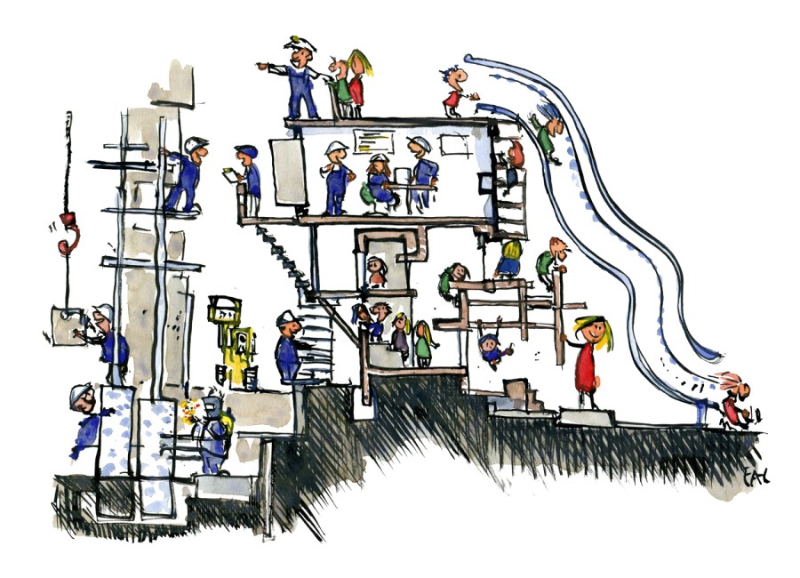 Drawing of a school construction site, with kids playing on the parkour like interactive wall and workers explaining the progress to them