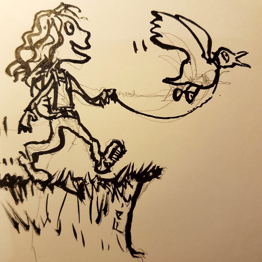 Woman walking with bird on a leash