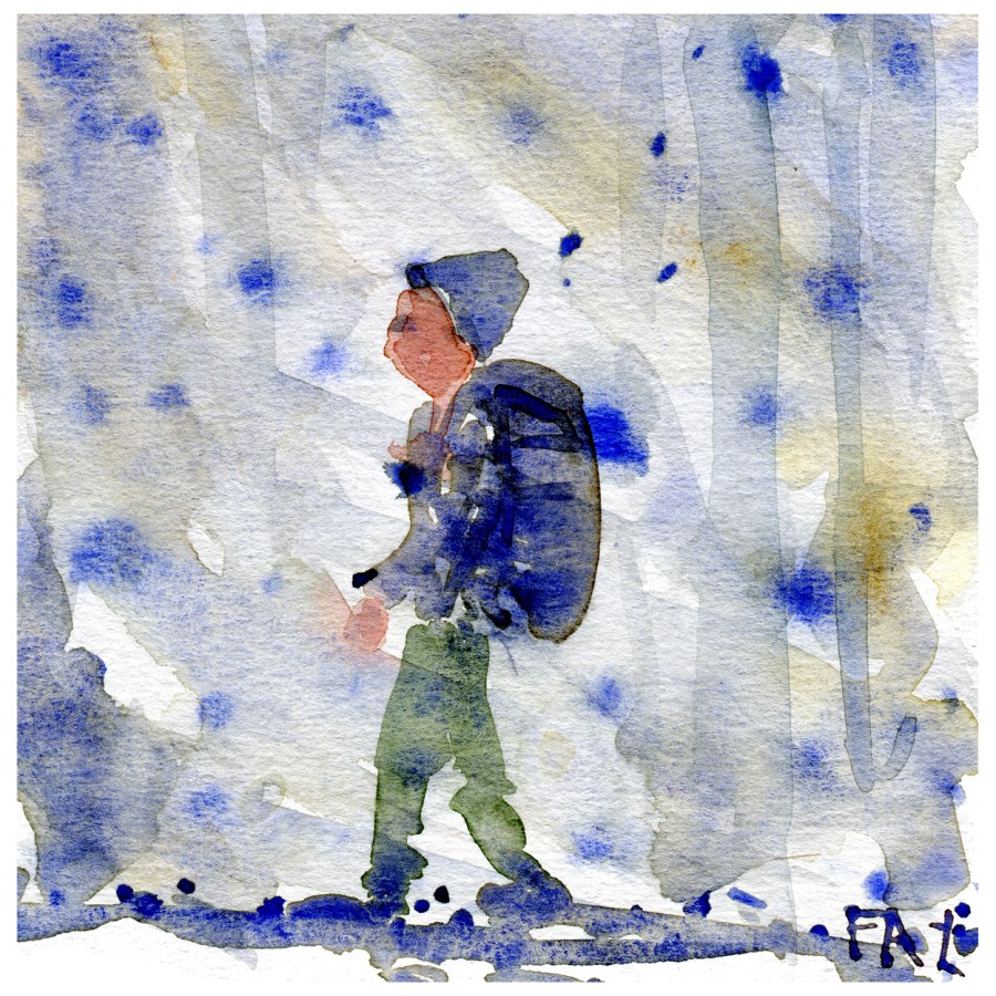 Watercolor of man in snow, by Frits Ahlefeldt