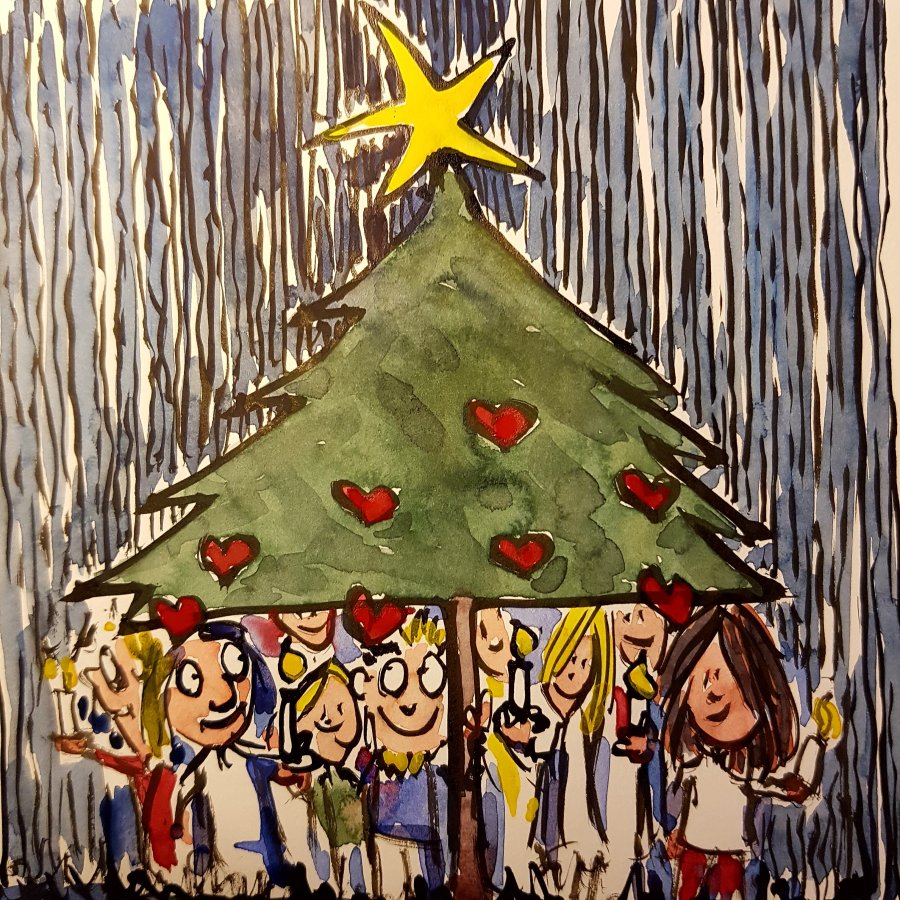 illustration of a group of people finding shelter under a Christmas tree