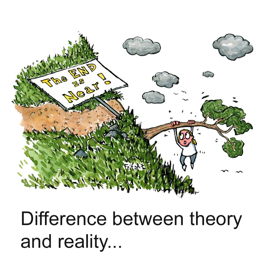 Drawing of a sign saying "the end is near" at the edge of a cliff, and a person clinging to a tree just over the edge