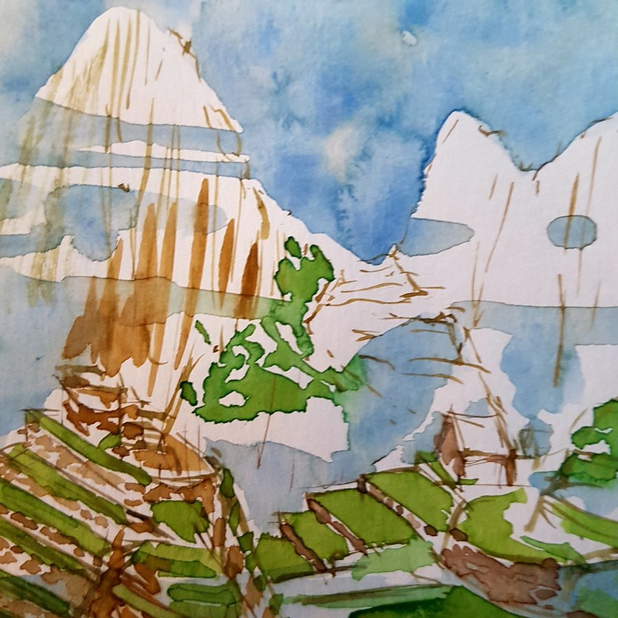Watercolor of Machu Picchu in progress, by Frits Ahlefeldt