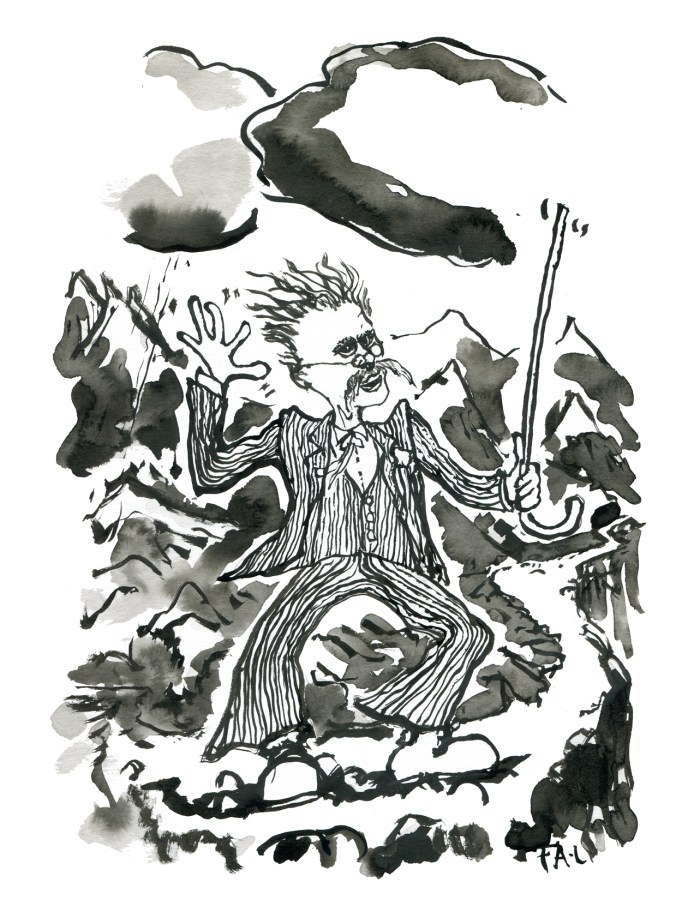 drawing of the philosopher Nietzsche on a mountain