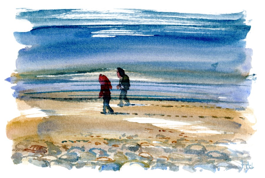 Walking along the beach, watercolor