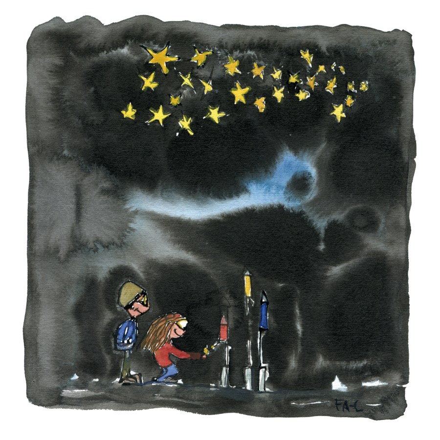 Two kids lightning fireworks on new year, drawing by Frits Ahlefeldt