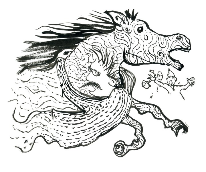Nietzsche clinging onto a horse running ink illustration by Frits Ahlefeldt