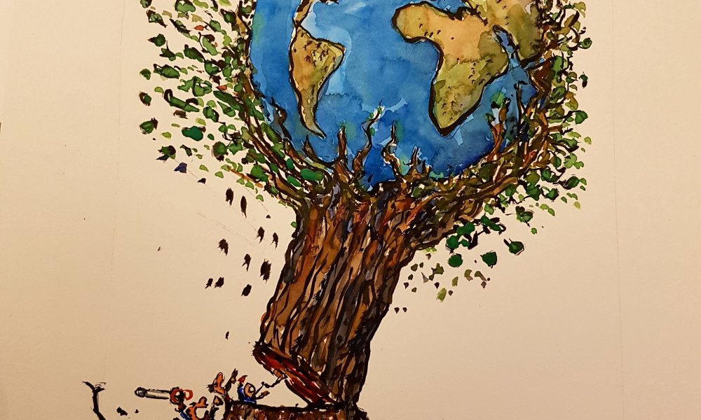 Drawing of a tree with planet Earth cut down by greedy humans, while others watch in disbelieve