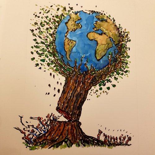 Drawing of a tree with planet Earth cut down by greedy humans, while others watch in disbelieve