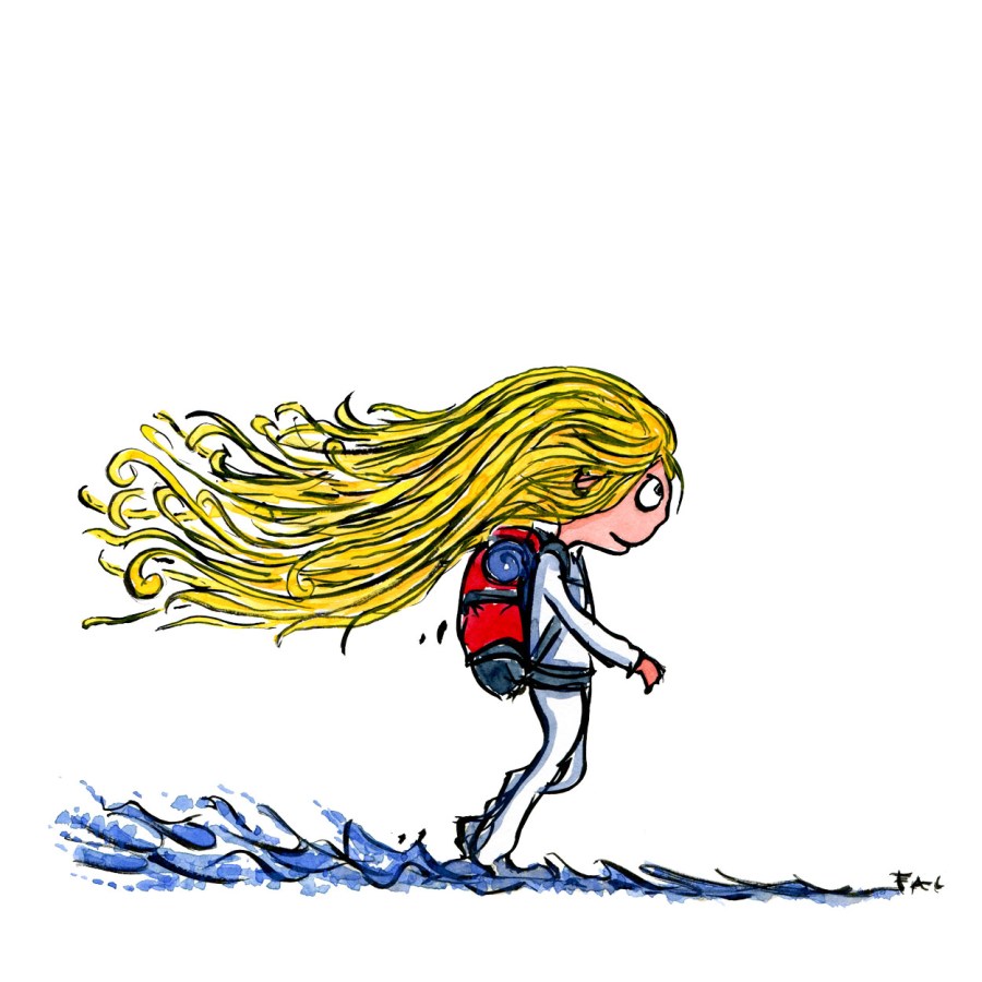 illustration of a blond girl hiking along the sea