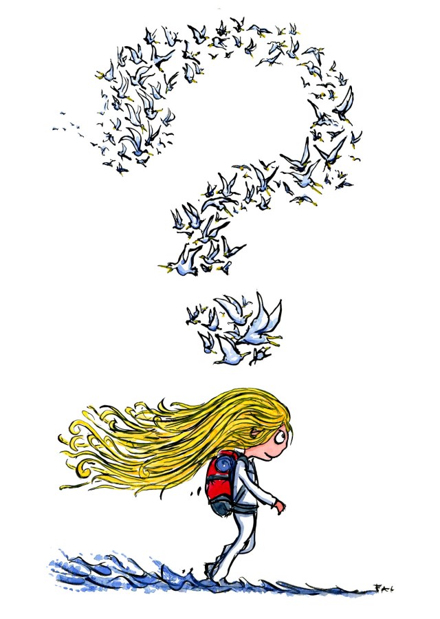 illustration of girl hiking along the sea, art by Frits Ahlefeldt