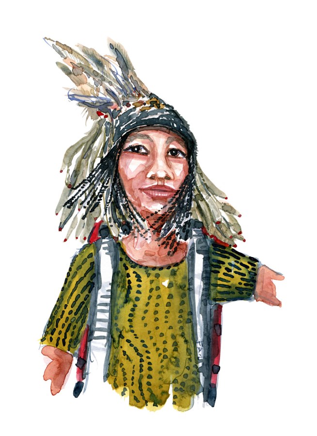 Watercolor portrait of girl with backpack and a traditional head wear with feathers