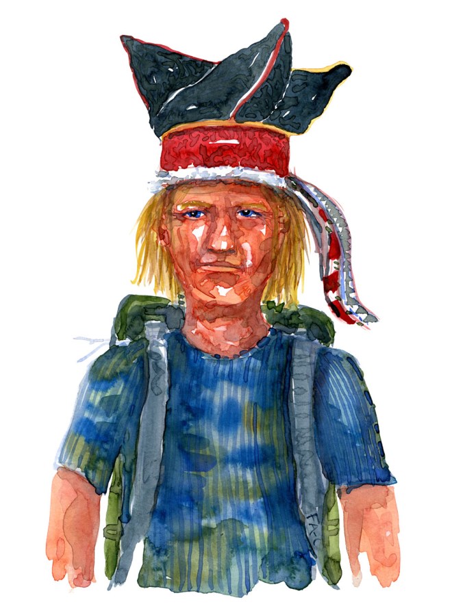 Long hair blond man wearing backpack and traditional looking hat