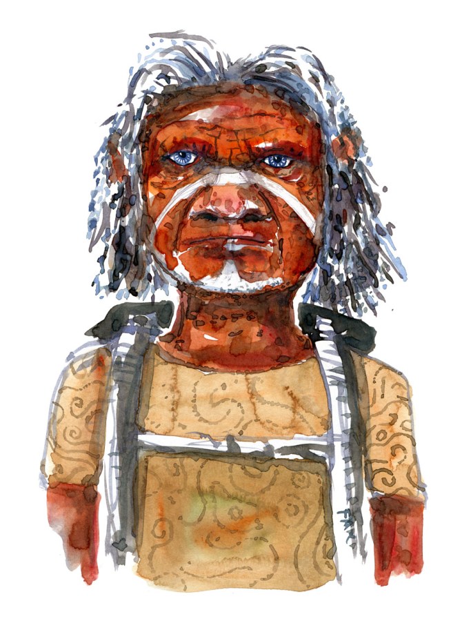 Elderly man with long hair a white stripe across his face