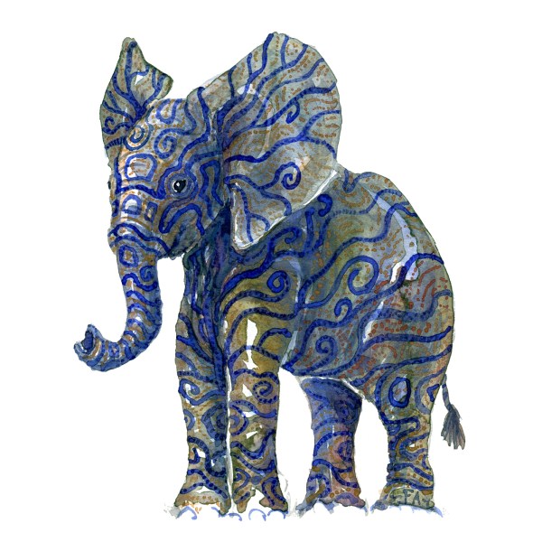 Golden blue elephant with Tattoo like patterns, artwork by Frits Ahlefeldt