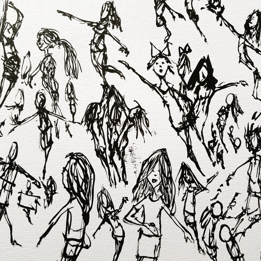 ink drawing from cheerleader event, drawing by frits Ahlefeldt