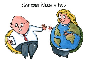 Earth reaching out to stressed man looking at phone, and text why we are here