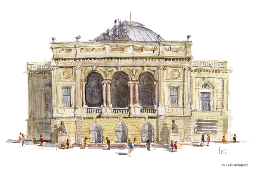 Kongelige Teater, Copenhagen Watercolor painting by Frits Ahlefeldt