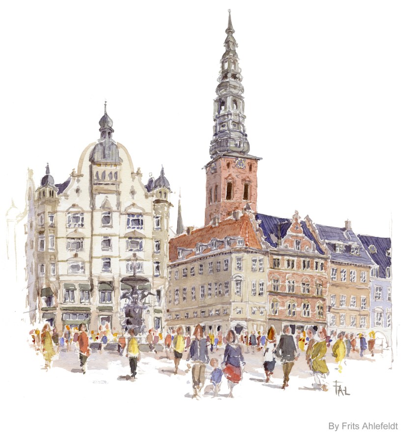 Copenhagen Watercolor painting by Frits Ahlefeldt. Strøget, Cafe' Norden