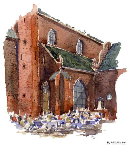Cafe by church. Copenhagen Watercolor painting by Frits Ahlefeldt