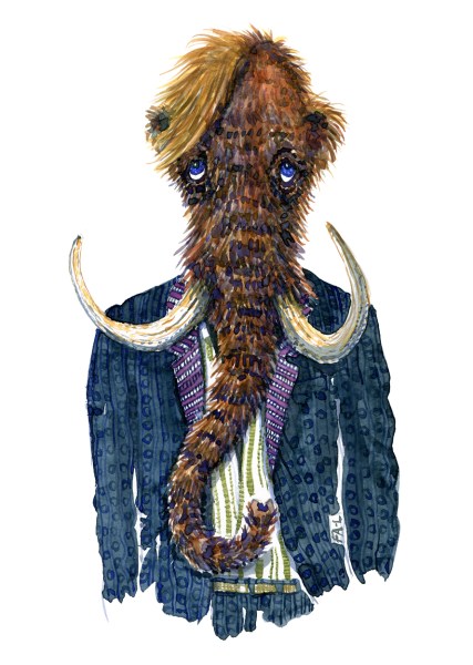watercolor of a mammoth in clothing, art by Frits Ahlefeldt