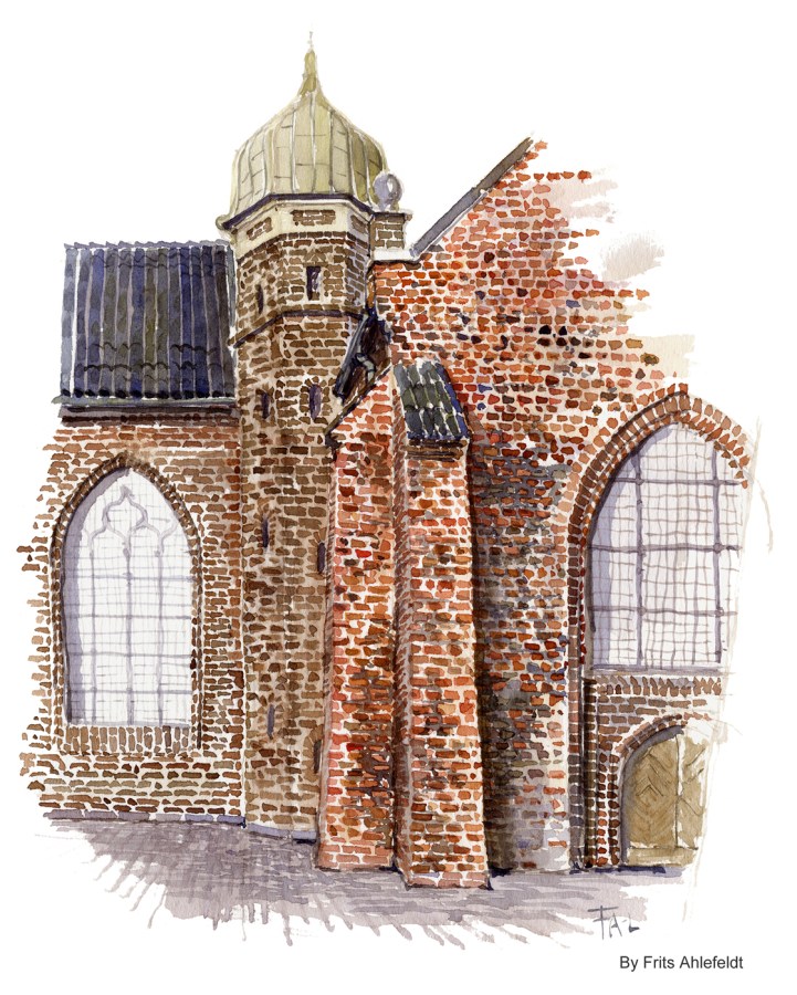 Church detail. Copenhagen Watercolor painting by Frits Ahlefeldt