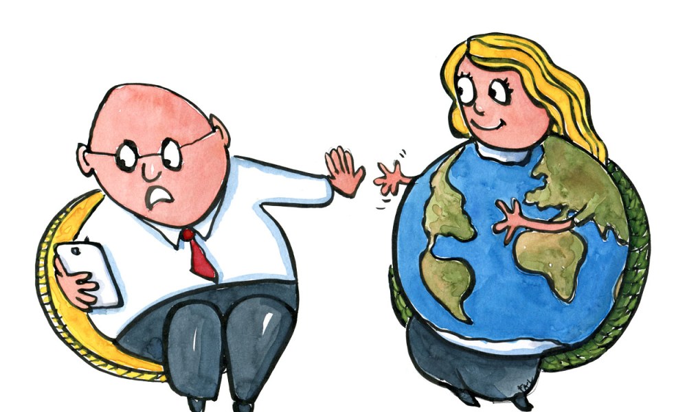 Mother Earth reaching out to a stressed mobile phone looking man