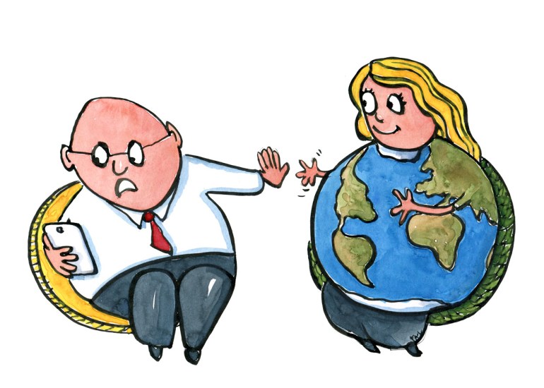 Mother Earth reaching out to a stressed mobile phone looking man