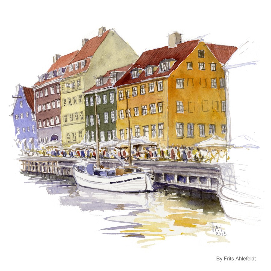 Nyhavn, ship, Copenhagen Watercolor painting by Frits Ahlefeldt