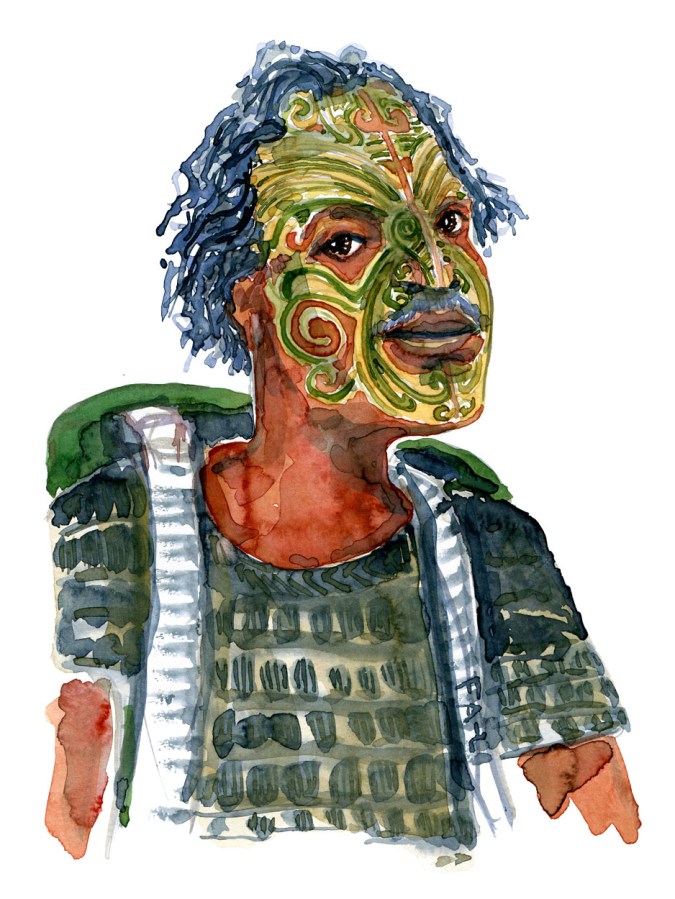 man with backpack and tattooed face in traditional pacific ocean pattern, Artwork by Frits Ahlefeldt