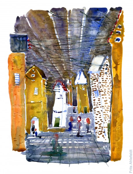 Watercolor painting of an art exhibition