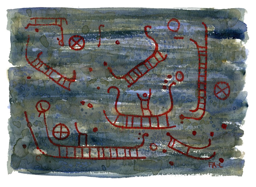 watercolor of the Madsebakke rock carvings on Bornholm, Allinge. Watercolor by Frits Ahlefeldt