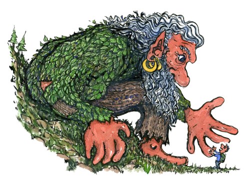 Hiker talking to a giant troll , illustration by Frits Ahlefeldt