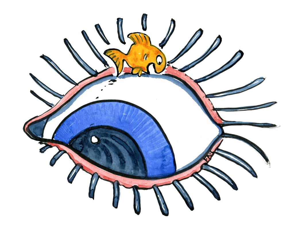 Fish jumping in front of a blue eye, drawing by Frits Ahlefeldt
