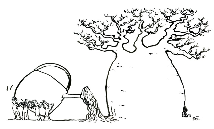 Black and white illustration of Baobab tree and people watering it, illustration by Frits Ahlefeldt