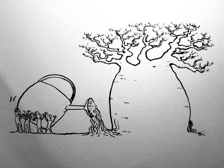 Group of people giving water to a giant Baobab tree, illustration by Frits Ahlefeldt