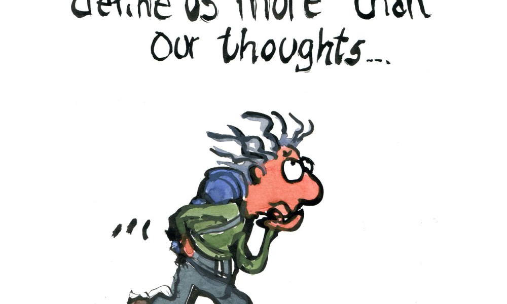 man with backpack thinking "maybe our steps define us more than our thoughts" art by Frits Ahlefeldt