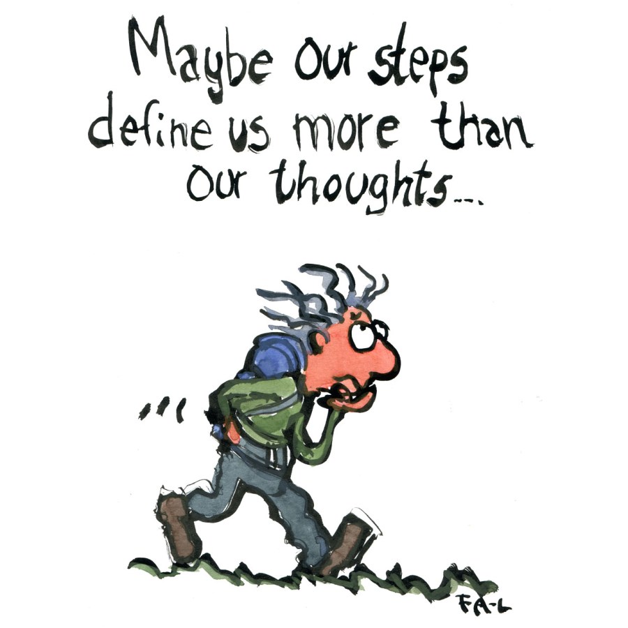 man with backpack thinking "maybe our steps define us more than our thoughts" art by Frits Ahlefeldt