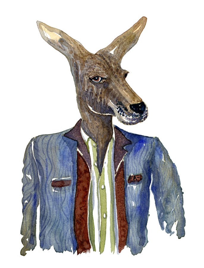 Kangaroo in clothes, watercolor by Frits Ahlefeldt