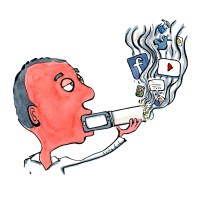Man smoking social media like gadget with facebook and other social media icons in smoke. Drawing by Frits Ahlefeldt